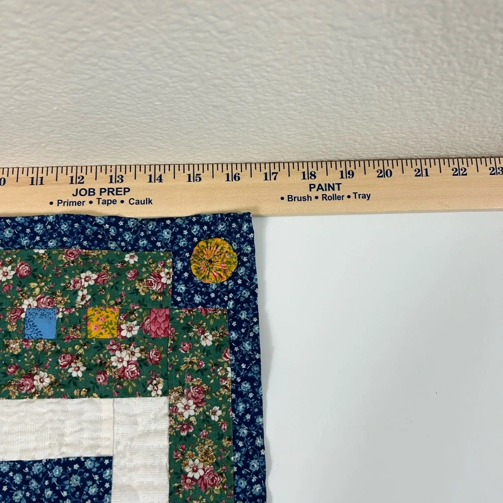 Cottagecore Flower Basket with Buttons Handmade Quilted Fabric Hanging Wall Art